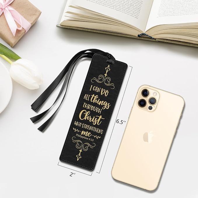 FINPAC Leather Bible Bookmarks, Vegan Religious Bookmarks, Bible Verse Book Markers Church Gifts for Women Men [Trust in The Lord with All Your Heart] - Gilded Black