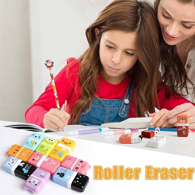 CCINEE 12 Pcs Pencil Erasers,Cute Erasers with Cover and Clean Up Shaving Roller for School Gift Supplies Classroom Prizes