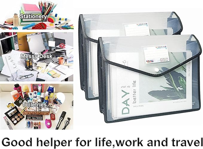 YoeeJob Plastic File Folders Legal Size Expandable Document Folder with Snap Button Closure, A4 Expanding File Wallet Envelopes Pouch with Label Pocket, 2 Packs, Black