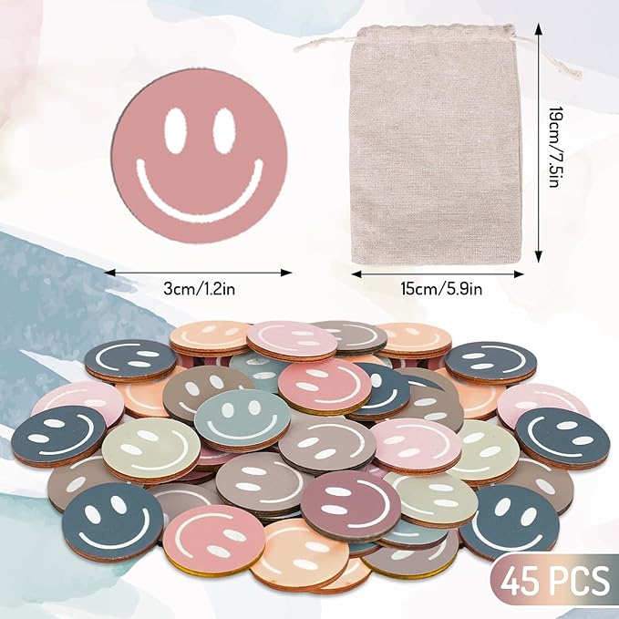 JarThenaAMCS 45 Pcs Boho Smile Extra Tokens for Reward Jar Colorful Happy Face Wooden Cutouts with Linen Pocket 9 Colors Wooden Tokens for Back to School Student Teacher Home Classroom