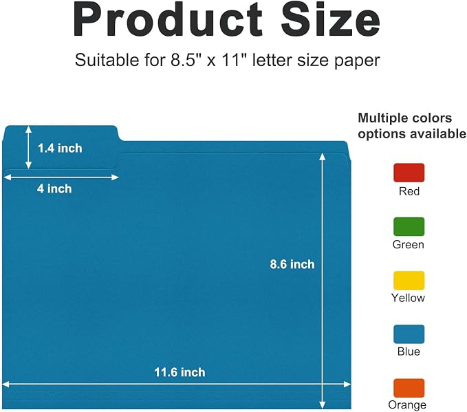ViVin File Folder, 100 Pack Colored File Folders with 1/3-Cut Tabs, Fits 8.5 * 11 Letter Size Paper, Manilla Folders for Home Office School Documents(Assorted)