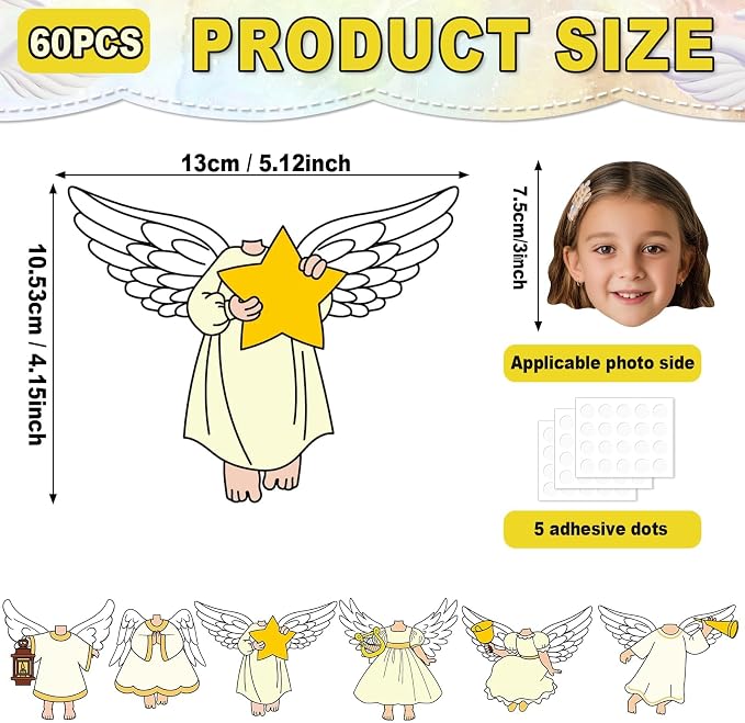 60Pcs Christmas Angel Cutouts Bulletin Board Decoration Angel Boys and Girls DIY Photo Craft Cutouts Religious Classroom Supplies for Teacher Student Xmas Holiday Party School Chalkboard Wall Decor
