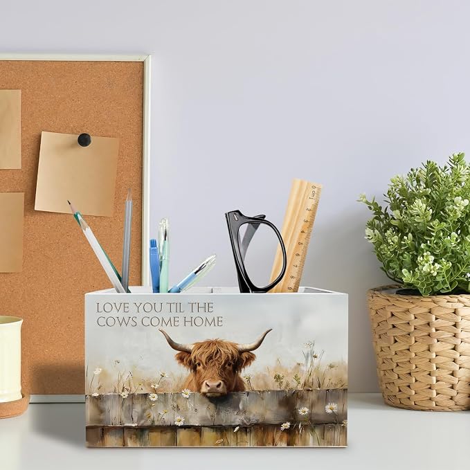 Farmhouse Highland Cow Pen Holder for Desk, Highland Cow Lover Gifts Pencil Organizer, Love You Til the Cows Come Home Wooden Box Sign Desk Decor for Home Office Decoration