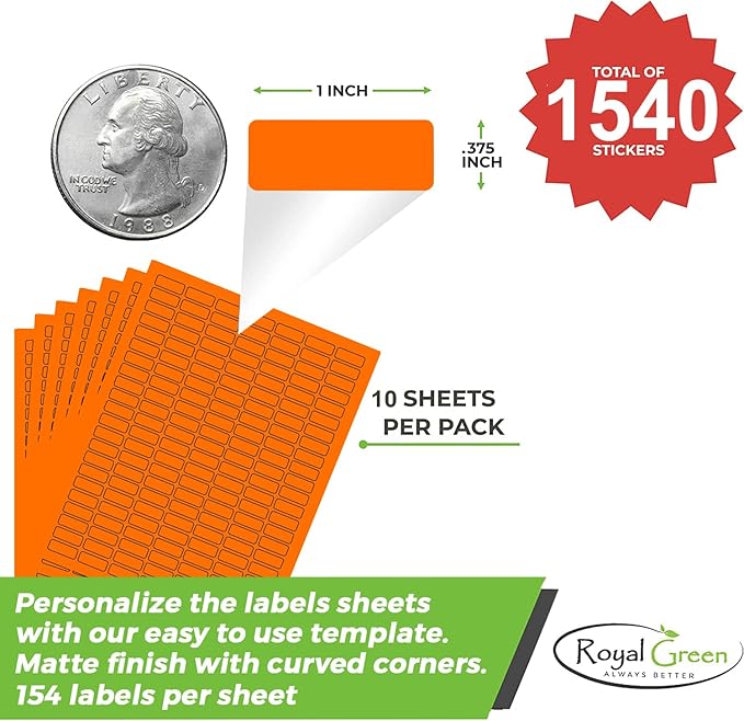 Neon Orange Sticker Label Sheets Bulk Printable Paper Labels 1 inch x 0.375 inch - 1540 Pack, 10 Sticker Sheets for Laser/Inkjet Printers with Template Included by Royal Green