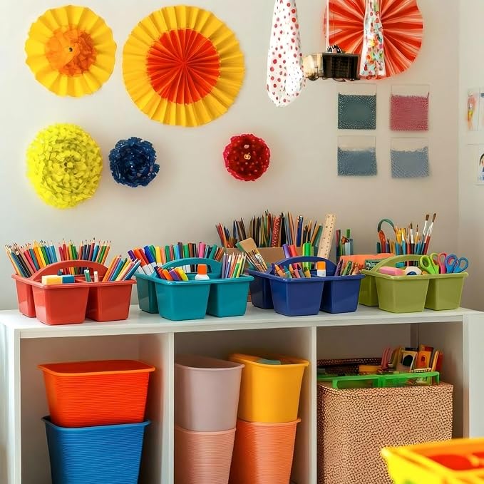 Kathfly 8 Pack Classroom Caddy Organizer with Handle, Plastic Art Craft Cleaning Caddy Bulk, Small Multipurpose Supply Organization Storage Basket for Table Desk Office Pencil Teacher (Deep Color)
