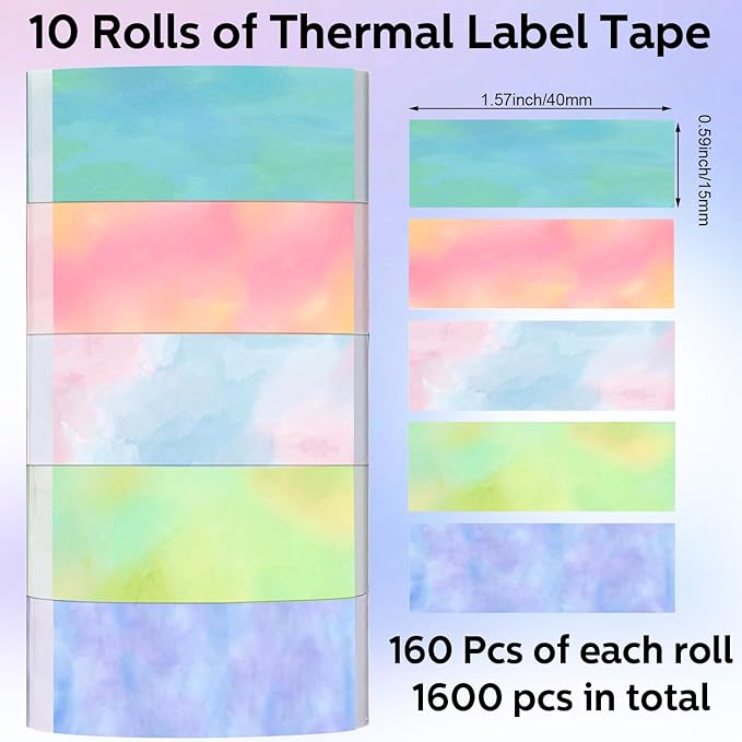 Gersoniel 1600 Pcs Label Tapes Compatible with D30 Label Printer Laminated Labeling Stickers Thermal Labels for Home Office(Watercolor,15 x 40 mm)