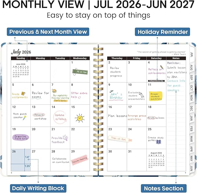 Academic Planner 2026-2027, Weekly and Monthly Calendar Book, July 2026 – June 2027, Hardcover Planner with Tabs, Perfect for Teachers, Students, Women & Men, A5 (6.4" x 8.5") - Watercolor Petal