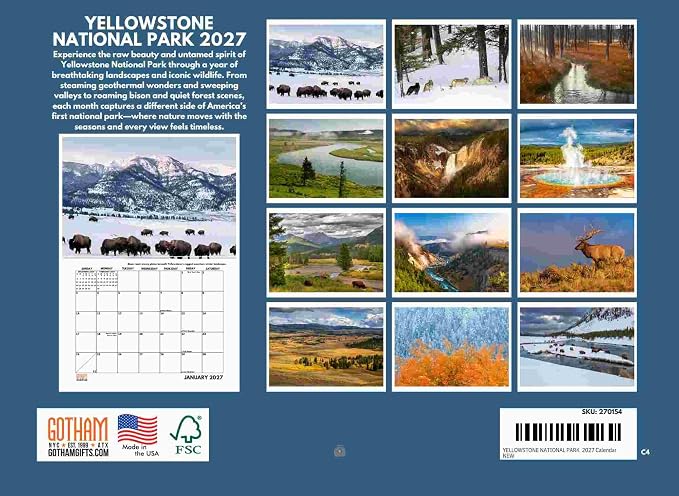 Yellowstone Calendar 2027 National Park Monthly Wall Calender 12 Month