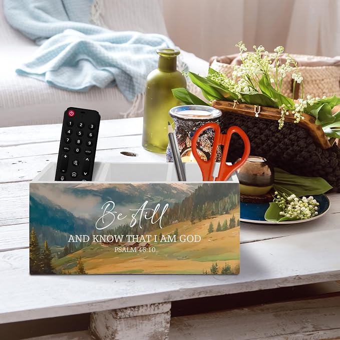 Christian Pen Pencil Holder Organizer for Desk Accessories, Be Still Psalm 46:10 Bible Verse Scripture Wooden Box Sign Desk Decor for Home Bedroom Office Decoration, Christian Gifts for Women