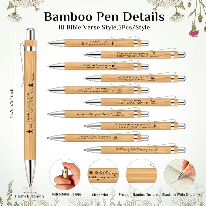 50 Set Christian Religious Gifts Bulk Include Bible Verse Pens and Inspirational Bookmarks Scripture Quote Bible Study Group Church Gifts for Christian Graduation Father's Day Pastor (Bamboo)