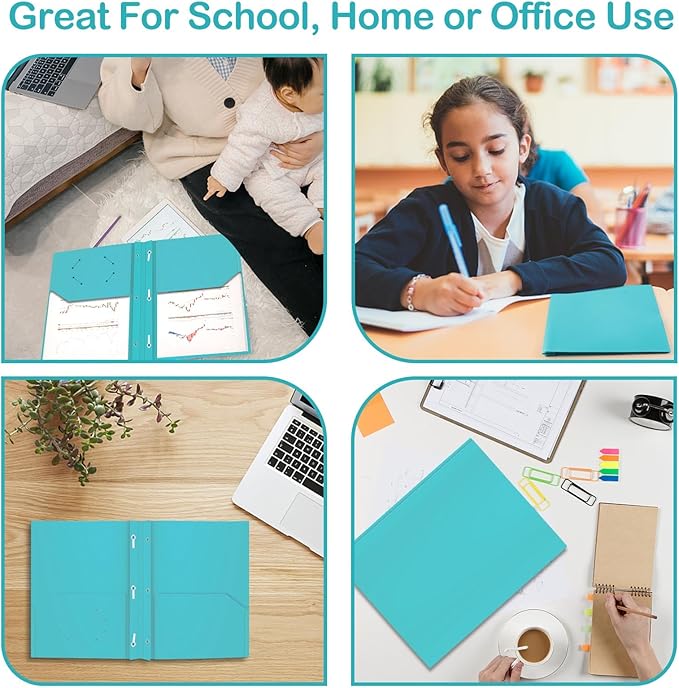 ViVin 12 Pack Plastic Folders with Pockets and Prongs, Heavy Duty 2 Pocket Folders with 3-Prong Fasteners, Poly File Holds 8-1/2" x 11" Paper for School Office Home (Lake Blue)