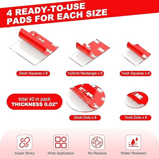 Double Sided Tape Heavy Duty 40 PCS Clear with Peeling Hook Tool Adhesive Pads 1“ and 2” Squares Dots Rectangles Pack Mounting Pads Waterproof Strong Adhesive for Automotive, Security Cameras, Mirrors
