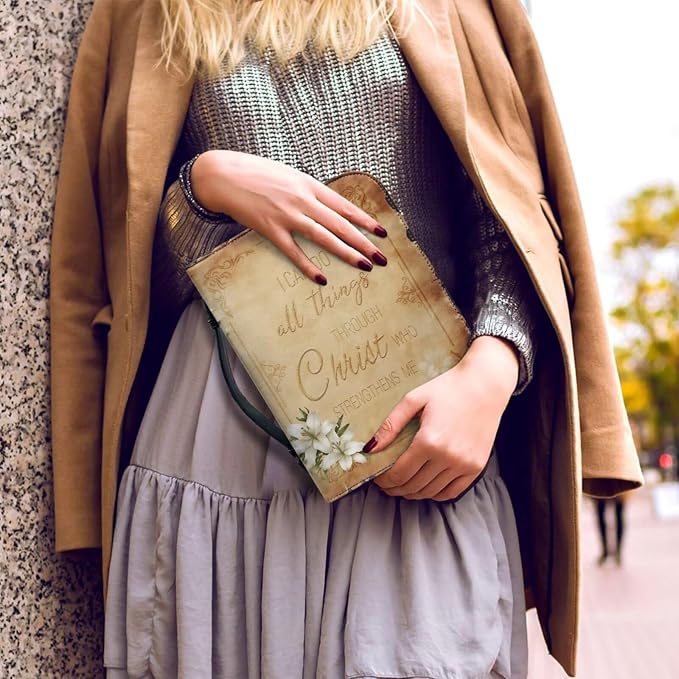 Retro Style Brown Cross Bible Case with Bookmark Waterproof Bible Cover Case for Women Lightweight Bible Bag with Handle Pockets Church Book Bag