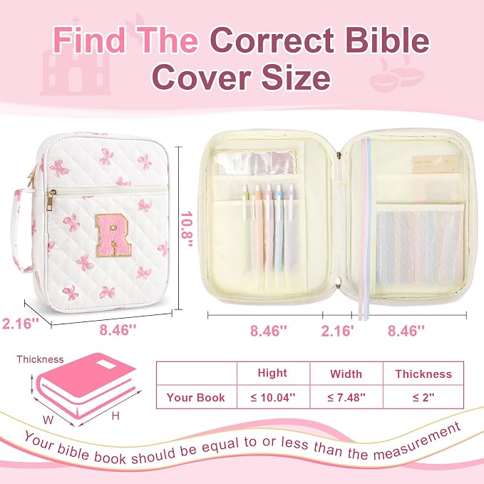 Personalized Initial Bible Cover Case for Women Girls Kid - Large Quilted Bible Case with Handle,Chenille Letter Bag Study Supplies,Christmas Gifts for Christians Birthday Graduation(Pink Bow-R)