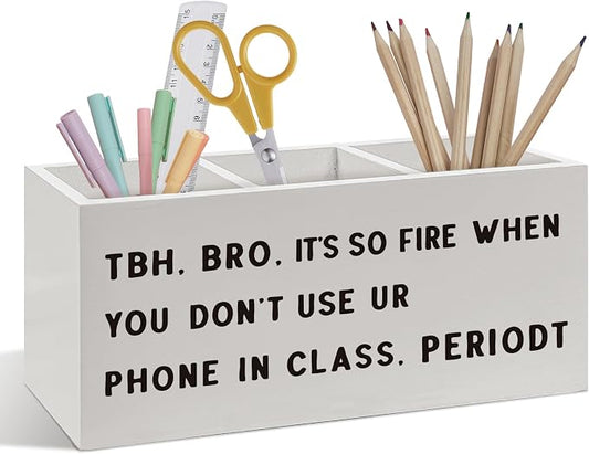 Funny Classroom Pen Pencil Holder, Funny No Phone Sign Desk Accessories, Classroom Rules Wooden Pen Pencil Organizer for Middle High School Office Learning Room Desk Decor