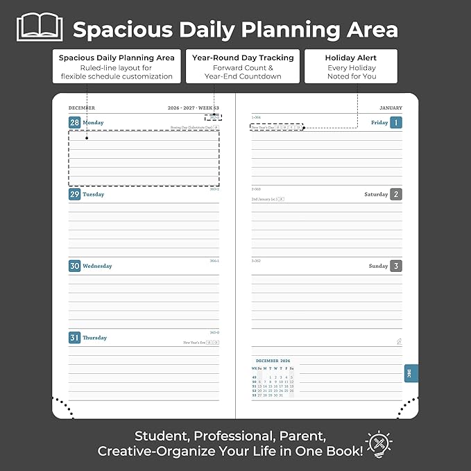 Weekly Monthly 2026-2027 Planner (July 26-Dec 27),6.5"x3.75",18 Months Agenda Plan with Month Tabs & Pocket,Expenses/Note Pages, Academic Calendar with Vegan Leather Cover,Black