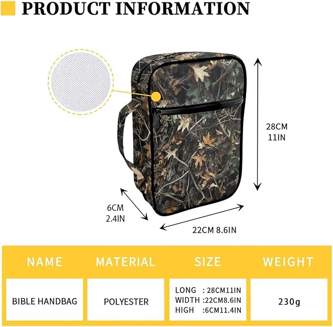 Suobstales Hunting Camo Forest Leaves Print Bible Covers for Women Men Lightweight Bible Bag Bible Accessories with Handle and Zippered Pocket Bible Tote Bag for Kids