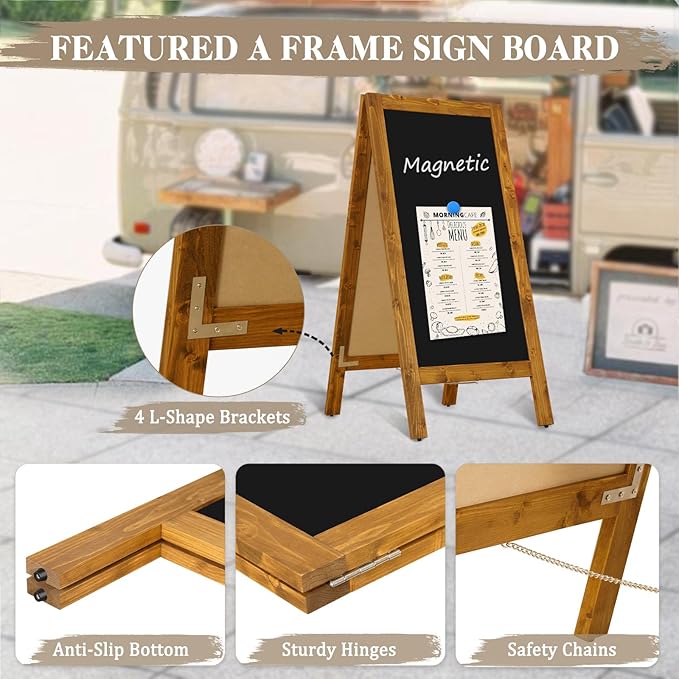 Wooden A-Frame Sign, Magnetic 40" x 20" Yellowish-Brown Chalk Board Sign Board, Double-Sided Sandwich Board Signs Outdoor, Chalkboard Easel, Menu Board for Restaurant, Business or Wedding