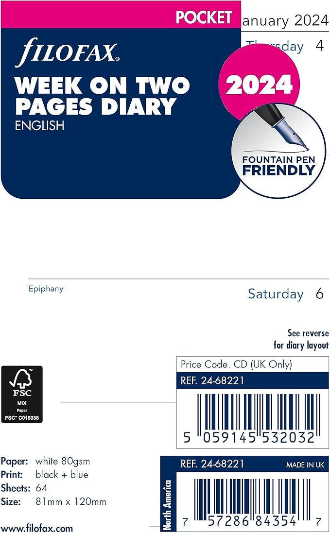 Filofax Calendar Diary Refill, Pocket Size, Week-to-View, White Paper, Unruled, English, 2024 (C68221-24)