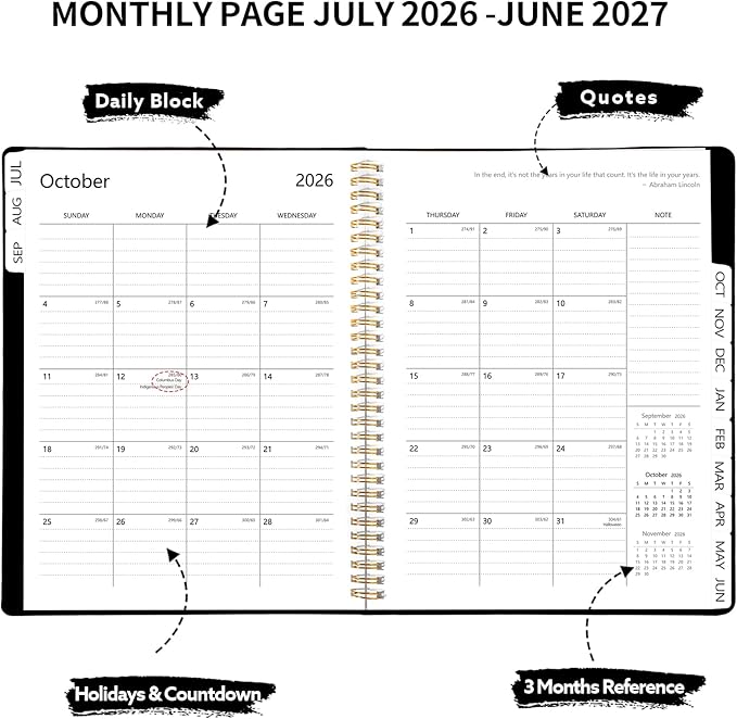 2026-2027 Planner, Weekly and Monthly Planner, July 2026-June 2027, Calendar Planner A4 (8.5" x 11") with Tabs, Inner Pocket for Home School Office Supplies, Black