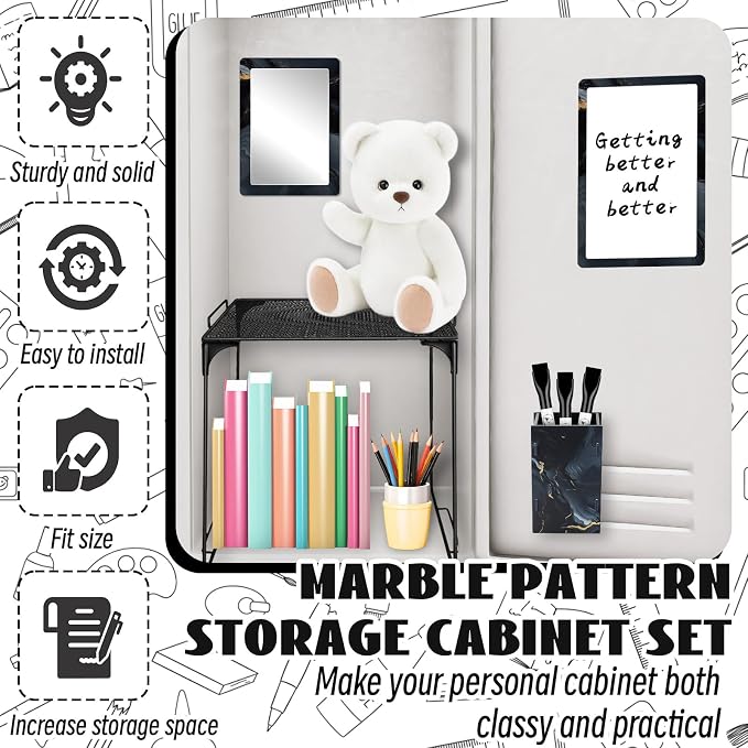 Demonwer 9 Pcs Locker Accessories Kit Black Locker Organizer Magnetic Whiteboard Mirror Pen Holder Pen for Storage Organizing Shelf Back to School Party Supply