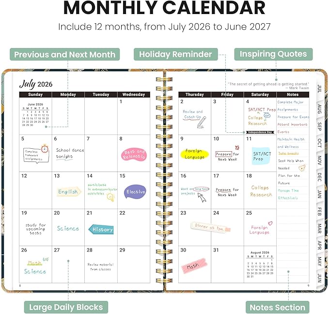 Planner 2026-2027, Monthly and Weekly Academic Planner July 2026 - June 2027, Hardcover Student Teacher Planning Agenda Calendar Book with Tabs, Perfect for Office School Supplies, A5 (6.3" x 8.5") - Citrus Bloom