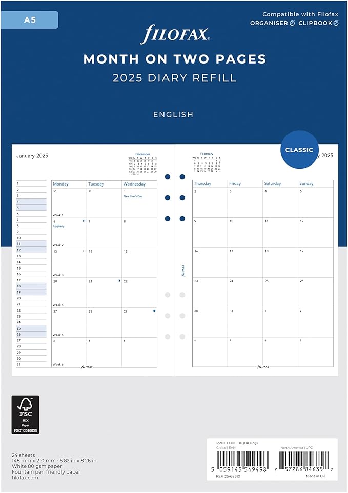 Filofax Calendar Diary Refill, A5 Size, Month-to-View, White Paper, English, 2025 (C68510-25)