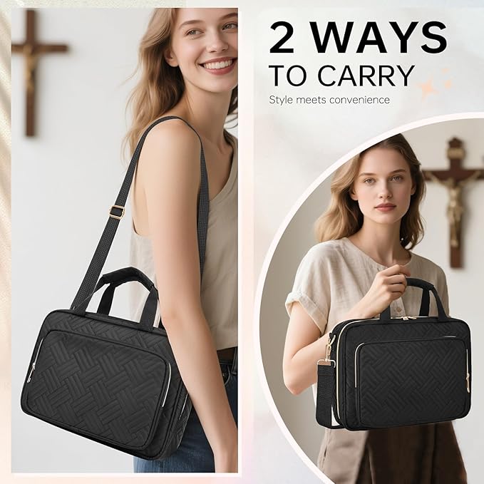 Bible Cover Case for Women Bible Study Supplies Christian Gifts for Women Church Camp Essentials Christian Bible Journaling Kit Quilted Large Bible Cover with Durable Handle (Black, Large)