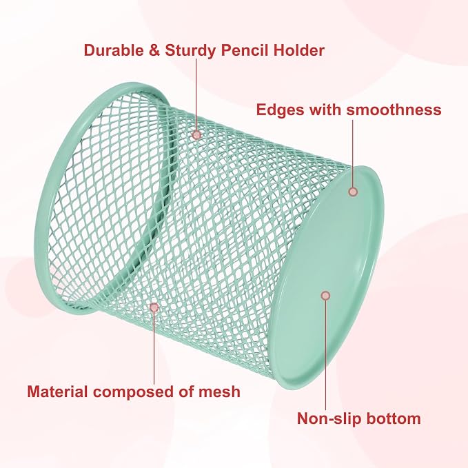 uxcell 2Pcs Mesh Pencil Holder, Metal Pen Cup Desk Organizer Makeup Brush Cup Holder for Home, Office, Classroom(Light Green)