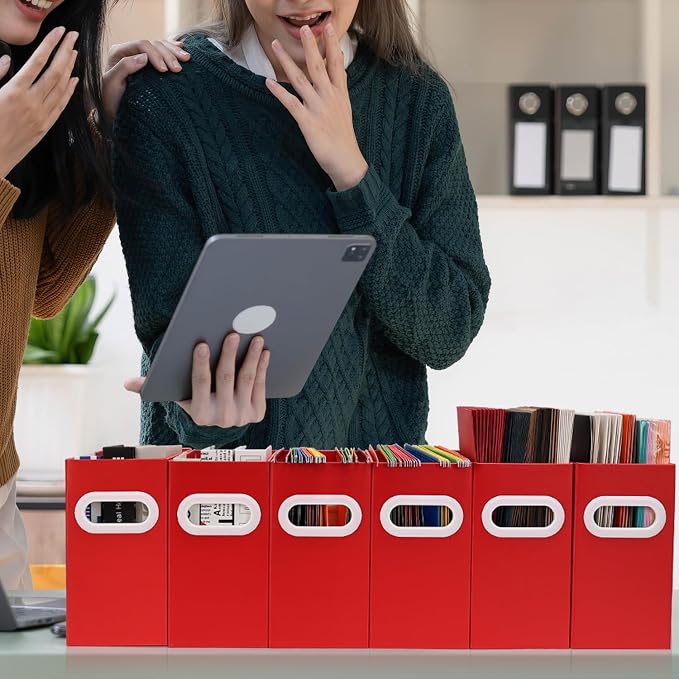 Collapsible File Organizer Box with Handle – Cardboard Hanging File Folder Storage Crate for Desk, Office, School, or Home – Colorful Portable Filing Box, Document Organizer, Magazine Holder