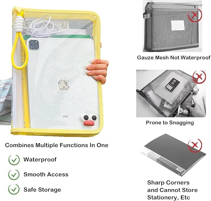 Waterproof Zipper Pouch A4 Size Book Sleeve Pouch Plastic Book Bag for Classroom Clear Reading Bag Expanding File Folder for Storing Documents, Books, Homework, School Supplies.Ect