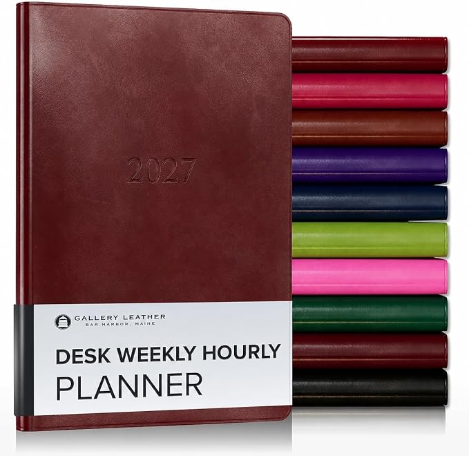 Gallery Leather Desk Hourly Weekly Monthly Planner 2027, Elegantly Bound Calendar Planner and Notebook with Stylish Gold-Gilded Page Edges, 12 Months - Acadia Deep Red - 8x5.5"