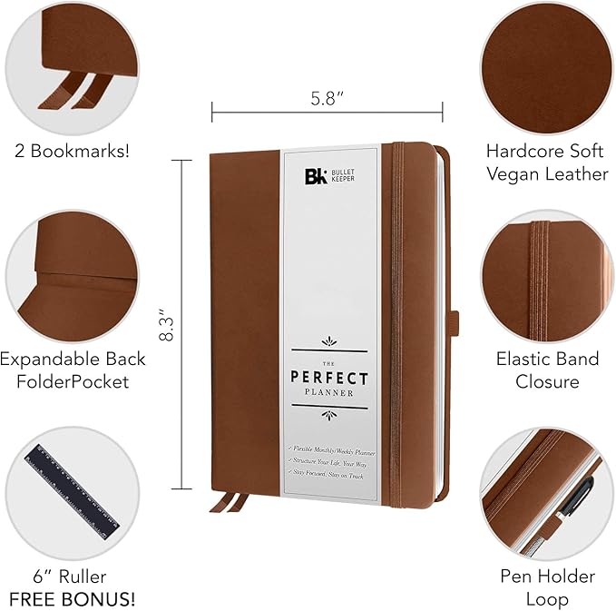BK UNDATED Yearly Weekly/Monthly Planner 2026-27 Daily Planner Agenda & Personal Organizer to Increase Productivity, Academic Planner w/Sticker Set. A5 (5.8 x 8.3) - Brown Hardcover