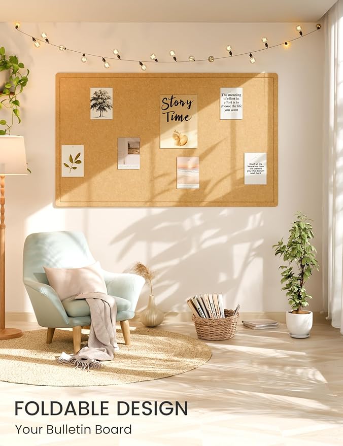 Fluxnara Bulletin Board,Cork Board Alternative with Safe Removable Adhesive Tabs, Foldable Felt Pin Board for Home Office, Classroom, Bedroom,Entryway for Walls (Mustard Yellow, 59 x 35.4 inches)