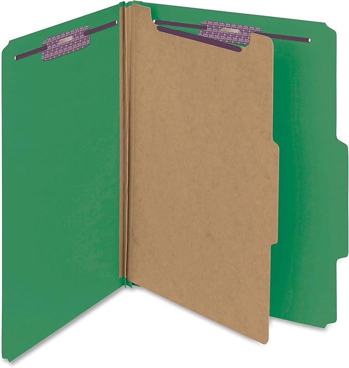 Smead Pressboard Classification File Folder with SafeSHIELD Fasteners, 1 Divider, 2" Expansion, Letter Size, Green, 10 per Box (13733) (Pack of 1)