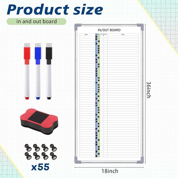 Lincia in and Out Magnetic Dry-Erase Board 36 x 18 Aluminum Framed White Board with Lines 53 Names with Magnetic Dry-Erase Marker, Eraser, and 55 Magnets Wall-Mounted for Office Employee