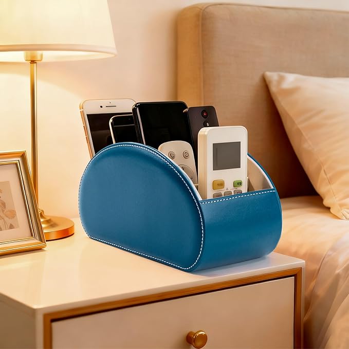BONNY DODO Remote Control Holders Organizer Box with 5 Compartment PU Leather Multi-functional Office Desk Storage Caddy Store (Pacock blue)