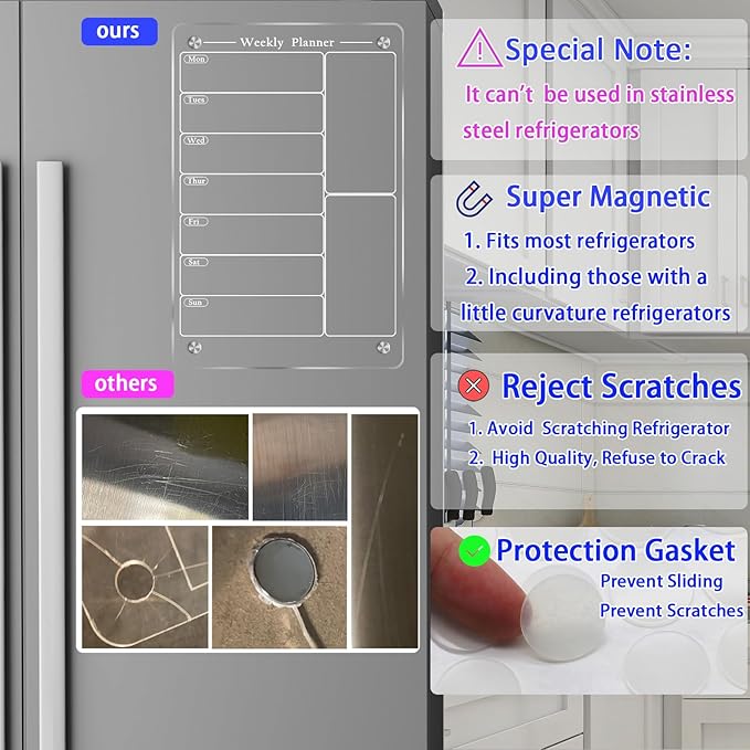 JonXon 8"X12" Acrylic Magnetic Menu Board for Kitchen,Acrylic Weekly Calendar for Fridge,Clear Meal Planner for Refrigerator,Magnet Fridge Menu Planner with 6 Magnetic Erasable Markers