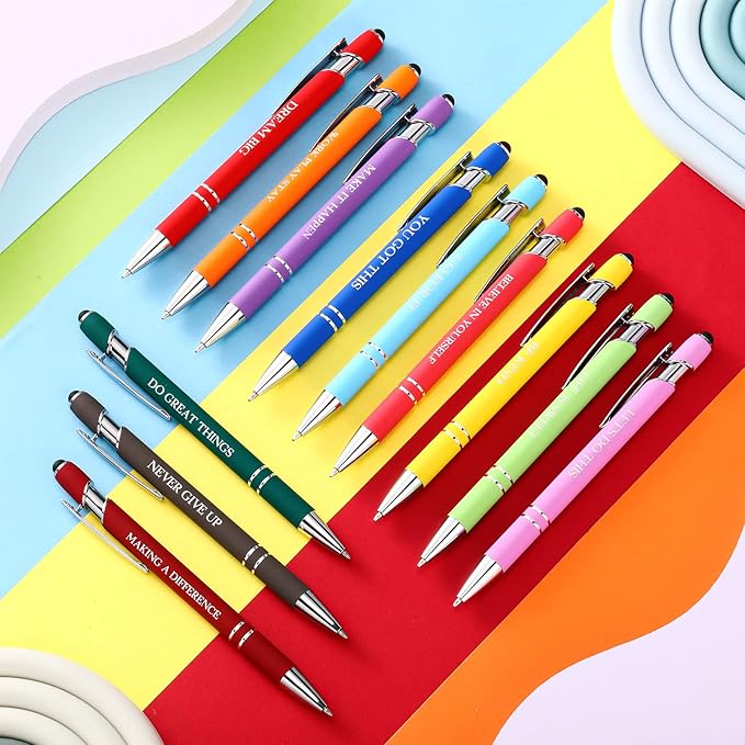 Zonon 12 Pcs Inspirational Pens Gift Set Funny Ballpoint Pen with Stylus Tip Motivational Graduation Gifts Bulk for Teacher Coworkers Nurse School Office Supplies(Assorted Color,Motivational Style)