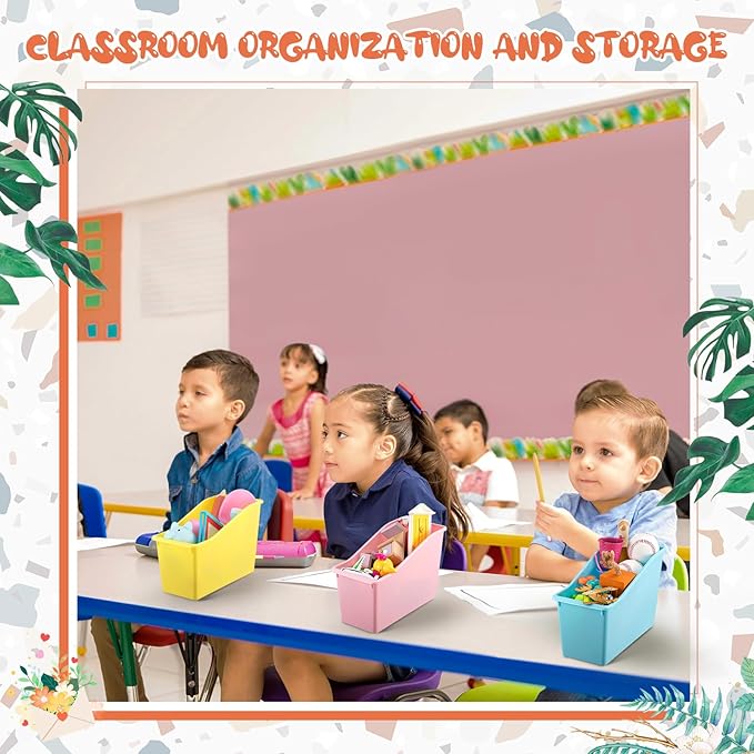 Geetery 24 Pcs Book Bin for Classroom with Labels Stackable Plastic Organizing Bins 11.5 x 5.4 x 7.5 in Book Holders Storage Bins Box Baskets for Classroom Library Home (Pastel Color)