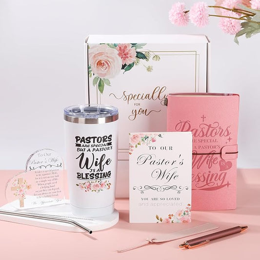 Gifts for Pastor Wife, Pastors Wife Appreciation Gifts 7pcs Set, 20oz Tumbler Leather Journal Cards Signs Pen Bookmark for Christian Christmas Birthday Retirement Anniversary