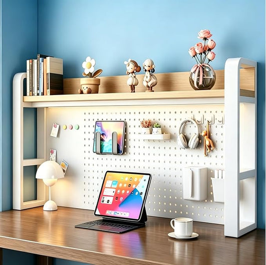 Desk Shelf Organizer with Pegboard & Storage Parts, 45kg Heavy Duty Desk Hutch, Desktop Storage Rack for Office & Home Office Shelves White Shelf/Natural Wood Board (2-Tier) 21.7×10×26"