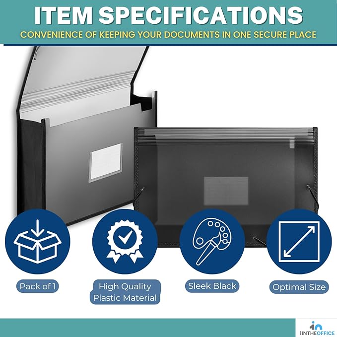 1InTheOffice Plastic Expanding File Wallet, Plastic Envelopes with Elastic Closure, 3.5" Expansion, Legal Size, Black, 1 Pack