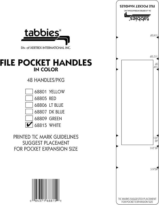 Tabbies File Pocket Handles, 9.63 X 2, White, 4/Sheet, 12 Sheets/Pack