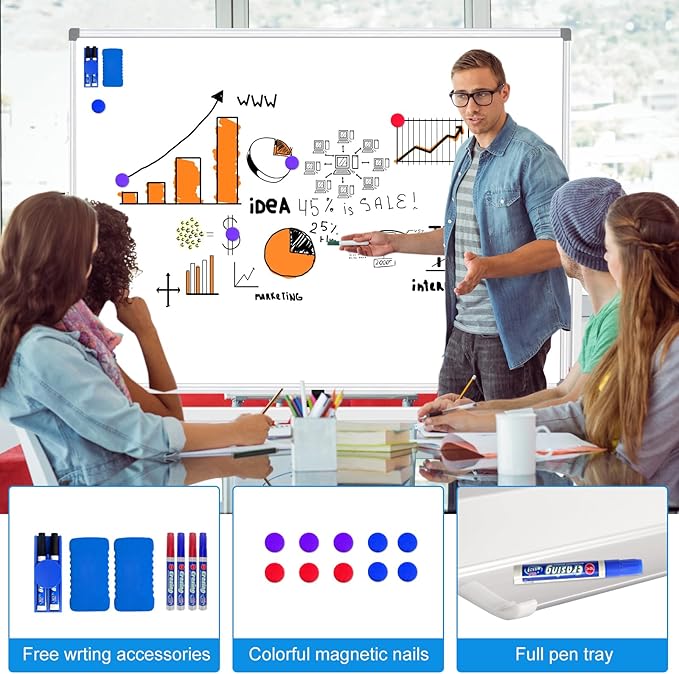 Mobile Whiteboard on Wheels 60 X 40, Double-Sided Large Rolling White Board Dry Erase Board with Stand, Magnetic Whiteboard with Stand, Portable Standing Whiteboard for Home Office School