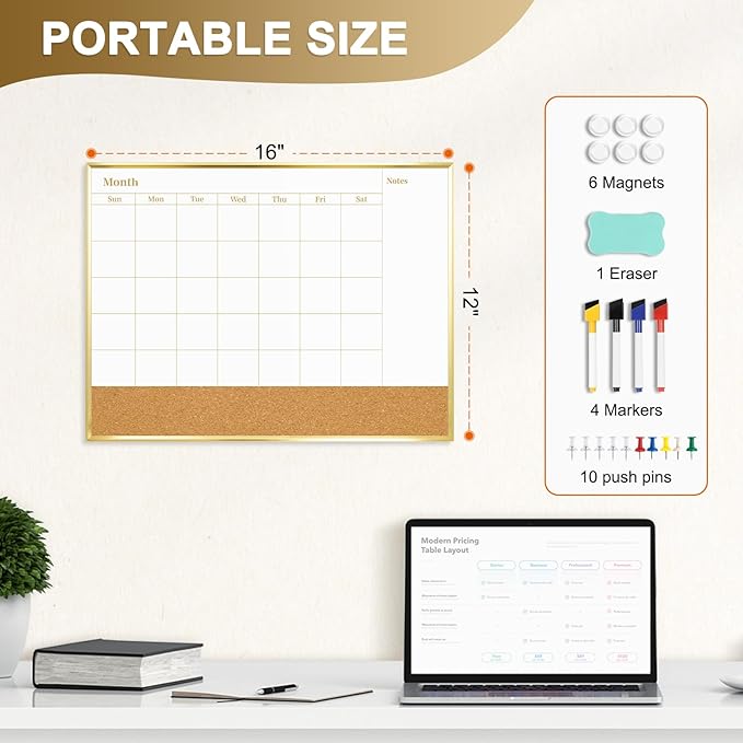 Small Dry Erase Calendar Whiteboard for Wall, 16'' x 12'' Monthly White Board Planner with Gold Frame and Corkboard, Magetic Potable Wipe Board for Home Office School Dorm