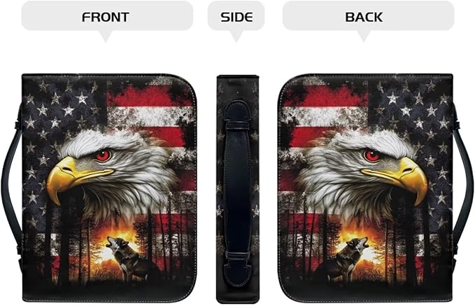 Medium Bible Cover Case for Women Men American Flag Wolf Bald Eagle Print PU Leather Bible Case with Bookmark Church Bag Book Carrying Case Bible Cover for Women Men Bible Case for Men Women