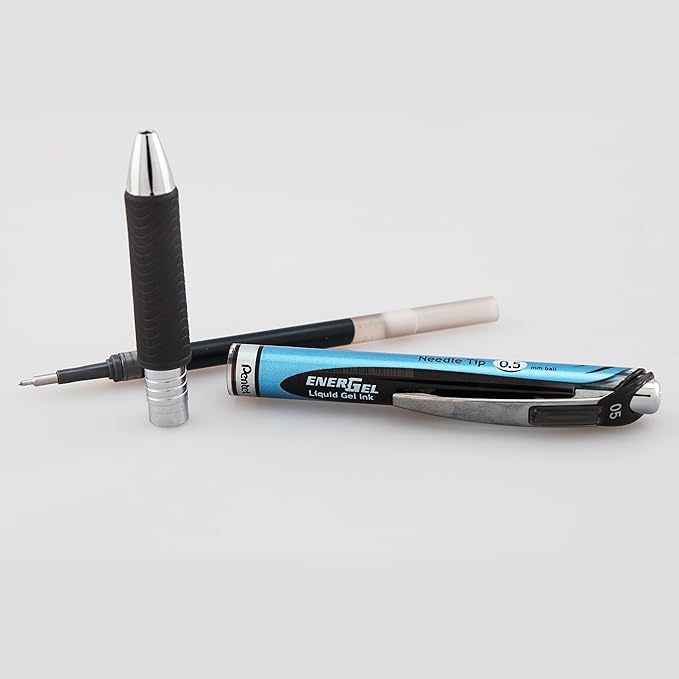 Pentel® EnerGel™ Deluxe RTX Retractable Liquid Gel Pens, Fine Point, 0.5 mm, 54% Recycled, Blue Barrel, Black Ink, Pack Of 12 Pens