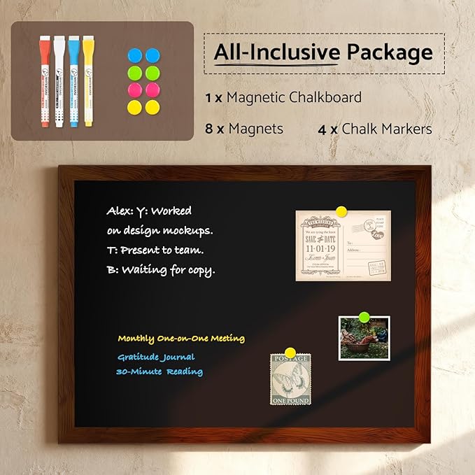 DOLLAR BOSS Magnetic Chalkboard for Wall, 36" x 24" Large Rustic Brown Framed Chalk Memo Board Menu Sign Display for Home, Kitchen, Office, Classroom with 4 Markers, 8 Magnets