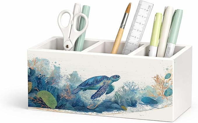 Sea Turtle Desk Organizer Wooden Pen Pencil Holder for Desk, 3 Compartments Ocean Themed Accessories, Coastal Turtle Lover Decor for Home Office Table Storage